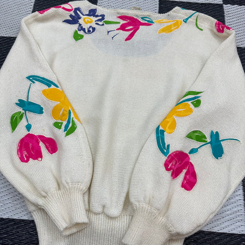 Vintage 80s Floral Applique Puffy Sleeve Sweater (S)