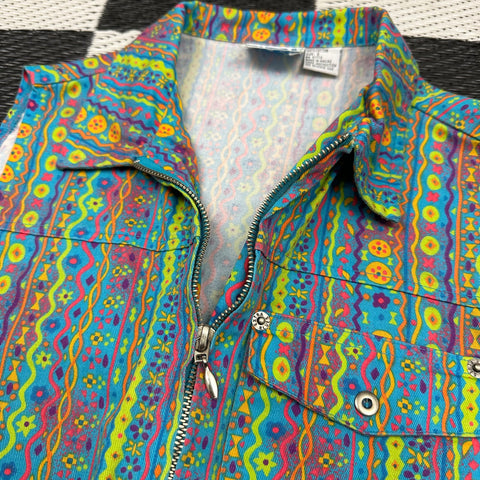 Vintage 90s Funky Neon Patterned Cropped/Front Tie Zip-Up Vest (S)