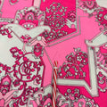 Vintage 70s Neon Pink Novelty Patterned V-Neck Dagger Collared Shirt (S)