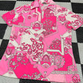 Vintage 70s Neon Pink Novelty Patterned V-Neck Dagger Collared Shirt (S)