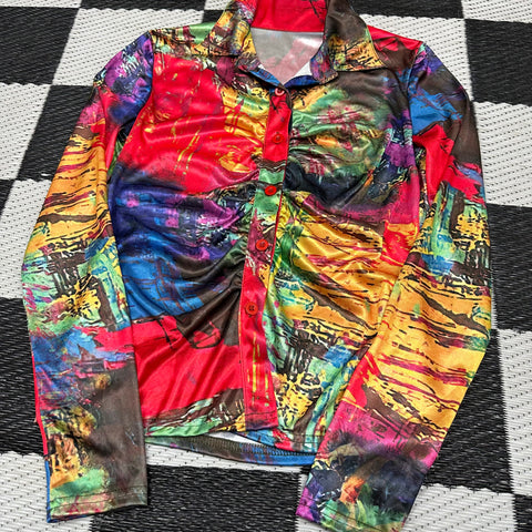 Multicolored Abstract Polyester Scrunched Button-Up (S)