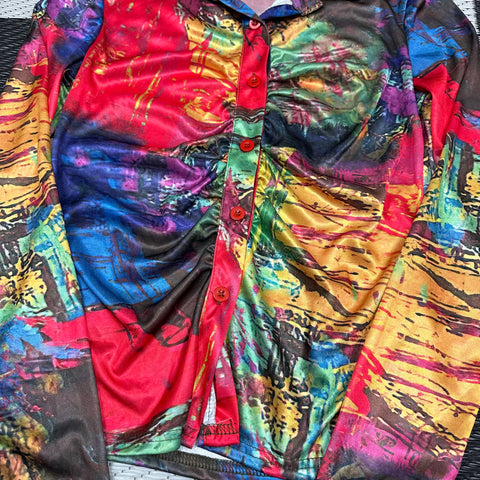 Multicolored Abstract Polyester Scrunched Button-Up (S)