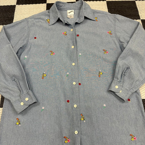 Vintage '99 Embroidered Tweety/Ladybug Denim Button-Up (S/M)