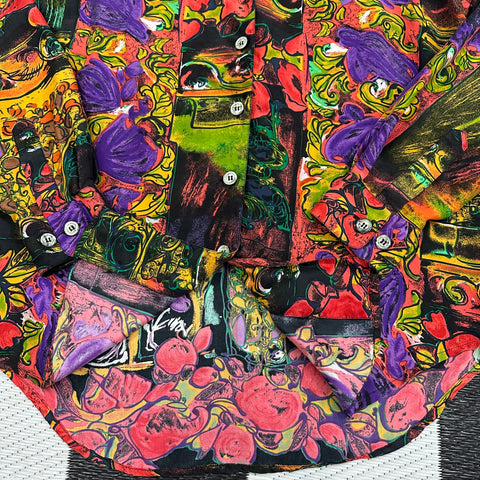 Vintage 100% Silk Abstract Renaissance Button-Up ("XS"; S+)