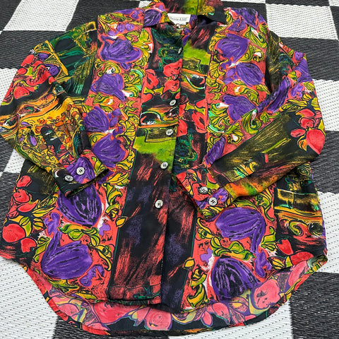 Vintage 100% Silk Abstract Renaissance Button-Up ("XS"; S+)