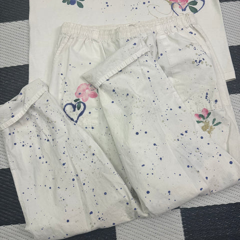 Vintage DIY Painted Flowers/Hearts White Baggy Set ~by Barb<3~🌸 ('L'; ~32/24" waist)