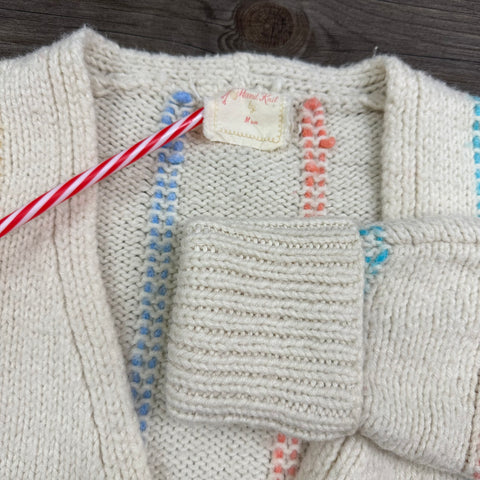 Vtg Pastel Striped 'Hand Knit by Mom' Cropped Cardigan (~S)