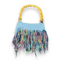 Blue Crochet + Rainbow Ribbon Fringe Purse w/ Wooden Handles