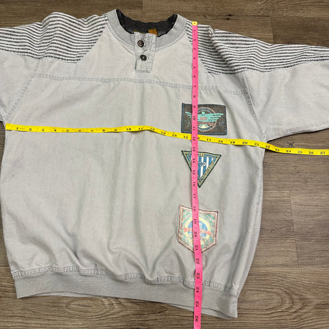 Vtg 80s Grey BB Exploration Patchwork/Striped Pullover Shirt (M)