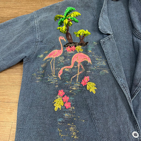Vtg Denim Painted Sequin Flamingos Chore Jacket ('M' ; XL/2X+)