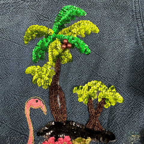 Vtg Denim Painted Sequin Flamingos Chore Jacket ('M' ; XL/2X+)
