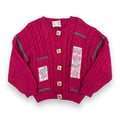 Vintage 80s Pink Cable Knit Patchwork/Wooden Buttons Cardigan (~M)