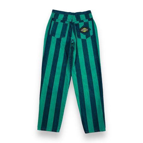 Vintage 90s Exhaust Patchwork Light/Dark Green Striped Jeans (tag 32; ~31" waist)