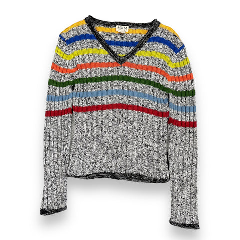 Vintage Grey/Rainbow Striped V-Neck Sweater (M)