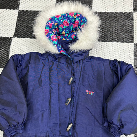 Vintage OshKosh Navy Iridescent/ Floral Fuzzy Hooded Puffer Ski Jacket (3T)