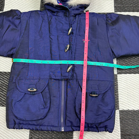 Vintage OshKosh Navy Iridescent/ Floral Fuzzy Hooded Puffer Ski Jacket (3T)