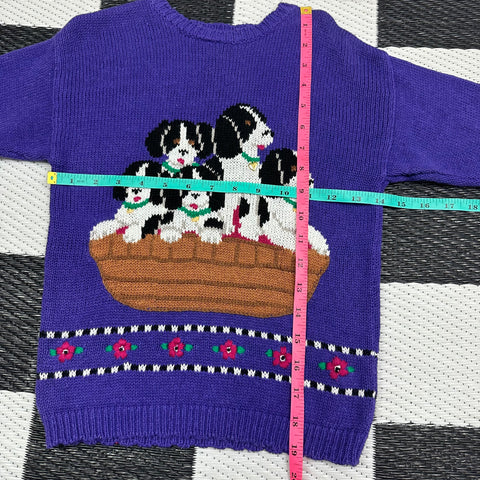 Vintage Deadstock Puppies in a Basket Purple Knit Sweater🐶 ("4T" ~4/5)