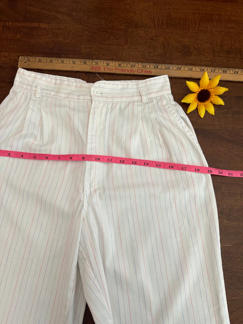 🌈Vintage 80s White Multicolored Pastel Pinstripe Pants (26" waist)