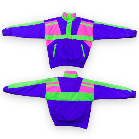 Vintage 80's Hot Music Neon Colorblock Pullover Fleece-lined Jacket (M)